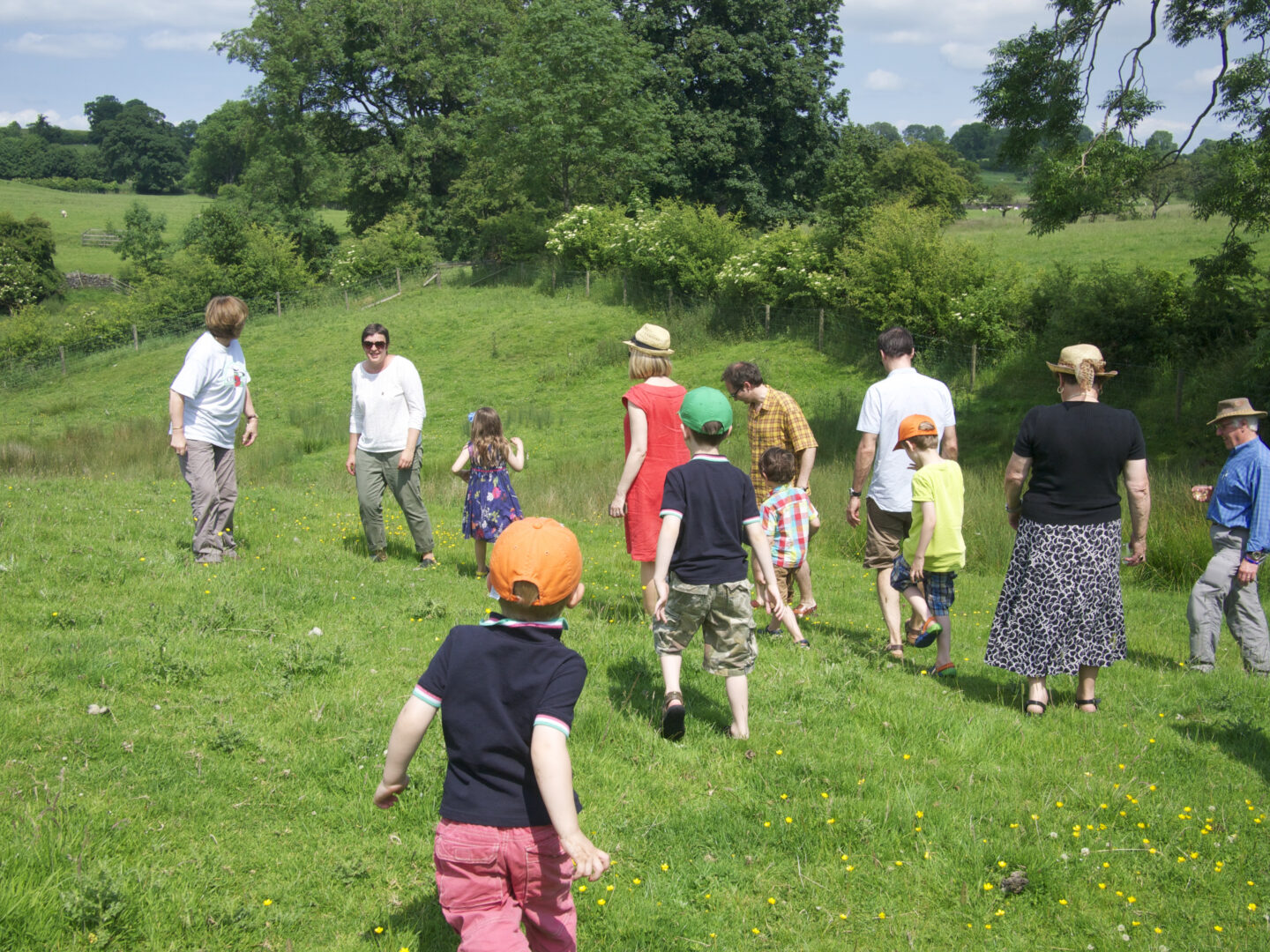 Mixed group walking in meadow