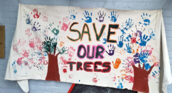 Banner made by children at Alexandra primary school in response to Bromley tree massacre